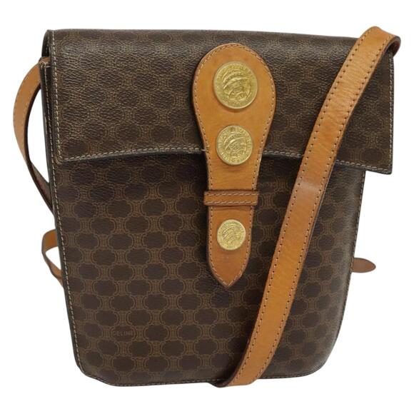 CELINE Macadam Canvas Shoulder Bag Pvc Leather Brown Gold - Picture 1 of 12